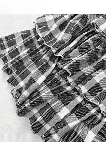 Y2K ブラック＆ホワイト チェック柄 ハイウエスト 膝丈 グラマラス ティアードスカート