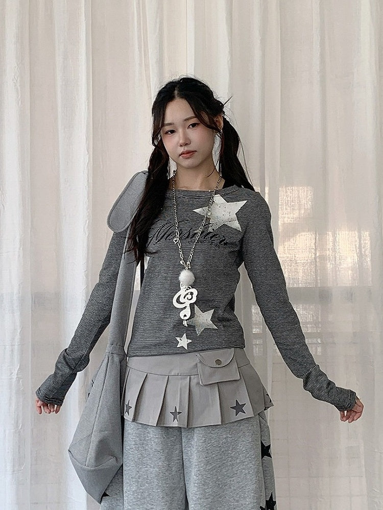 Y2K Dark Gray Striped Round Neck Long Sleeve Top with Star and Letter Print - Solkatt