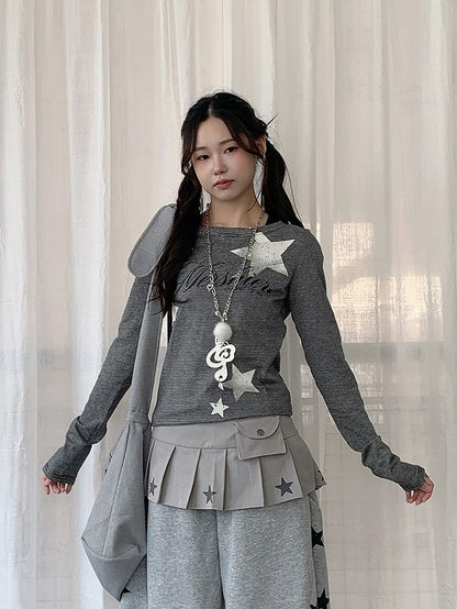 Y2K Dark Gray Striped Round Neck Long Sleeve Top with Star and Letter Print - Solkatt