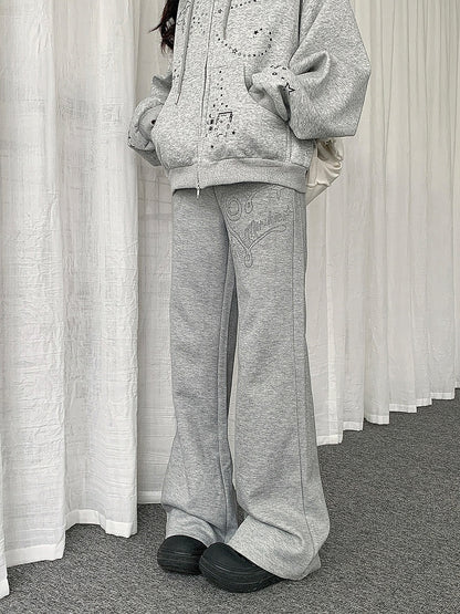 Waist Flared Rhinestone Gray Drawstring Pants with Heart Design