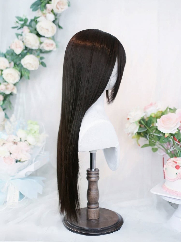 Black Tea 65cm Long Straight Wig with Air Bangs - Dalao Home