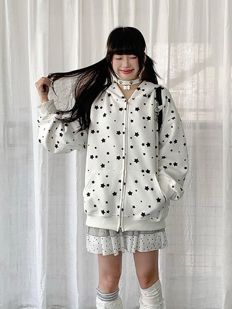 Cute White/Gray Rabbit Ear Zip-Up Hoodie with Star Print Pattern - Solkatt
