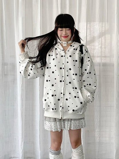 Cute White/Gray Rabbit Ear Zip-Up Hoodie with Star Print Pattern - Solkatt