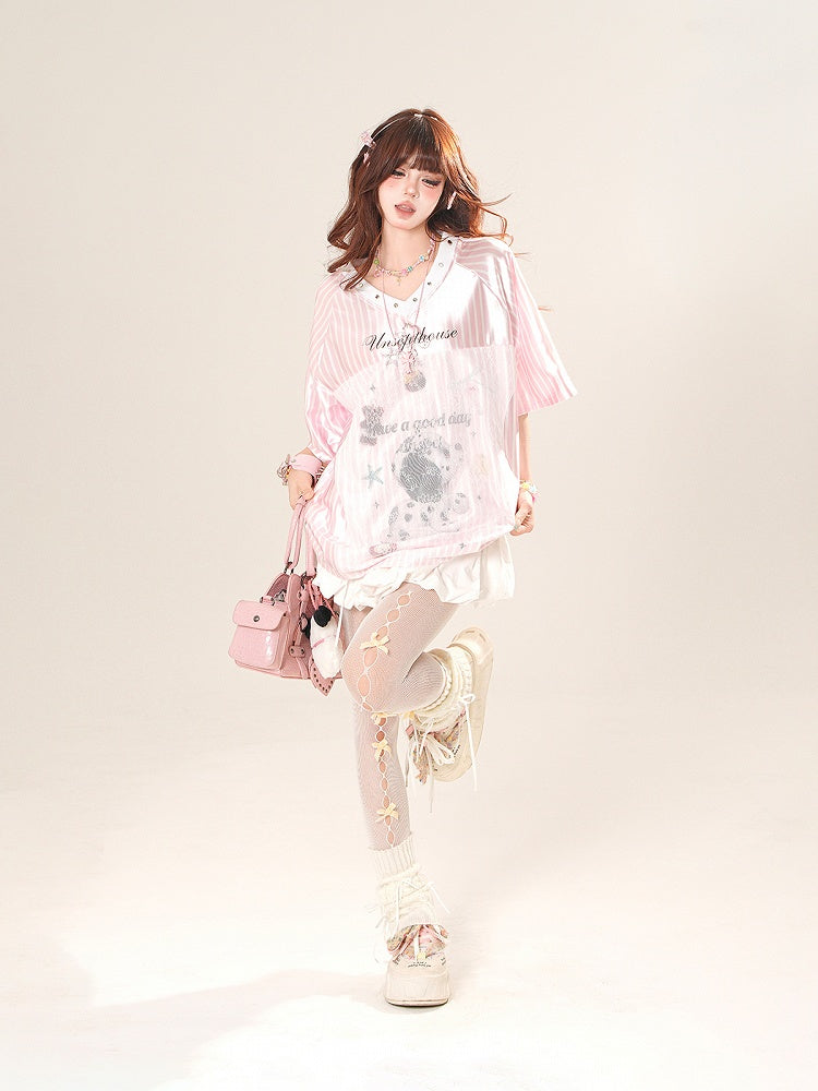 ピンク/シルバー ブロケット コア Vネック ストライプ Tシャツ