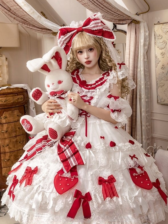 Red and Accents Lace Ruffles with Dress Lolita White Sweet Bow Layered