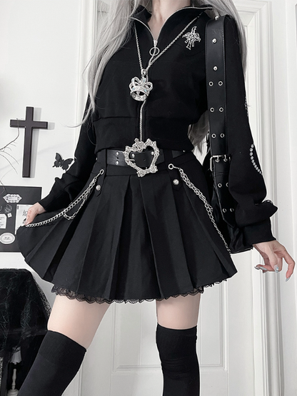 Metal ChainsCross Gothic Studded Motif Black Side PUBelt Lace Hem+Black Skirtwith