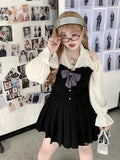 Black Pleated Skirt Dress with Cutout Shoulders and Bishop Sleeves - Hard Candy