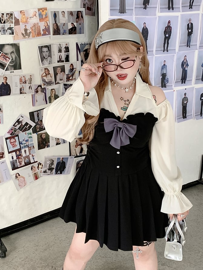 Black Pleated Skirt Dress with Cutout Shoulders and Bishop Sleeves - Hard Candy