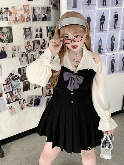Black Pleated Skirt Dress with Cutout Shoulders and Bishop Sleeves - Hard Candy