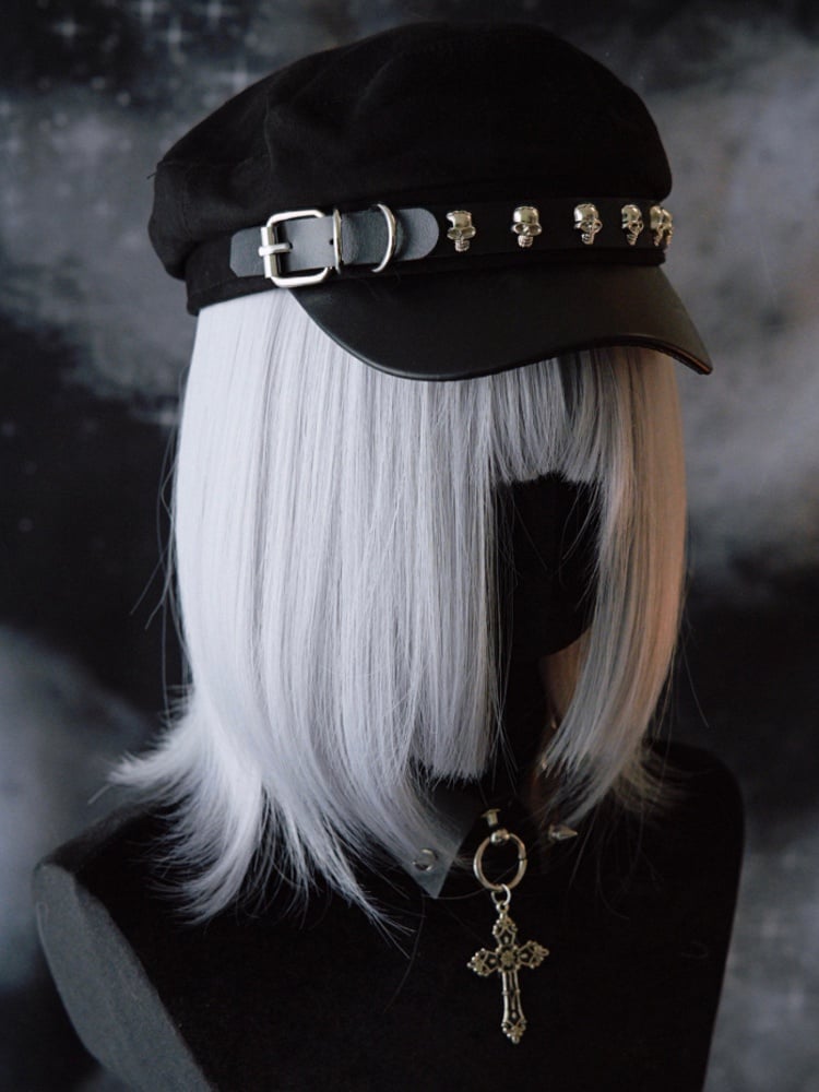 Decorated Gothic Black Design Buckle Hat Skeleton Beret