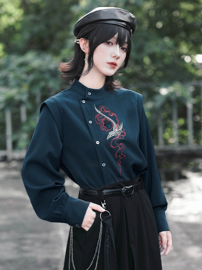 Navy Stand-Collar Asymmetric Shirt with Skeleton Whale Embroidery - Quirky Hut