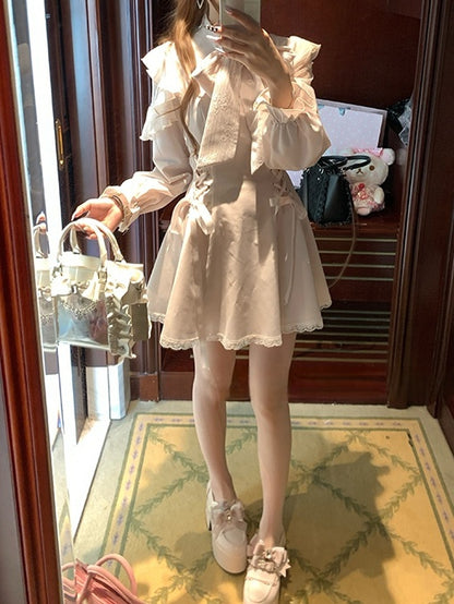 - Tie and Beige Polished Refined Neck Bow Ojou-sama Dress Shoulders Jirai Style Lace with Cutout Kei