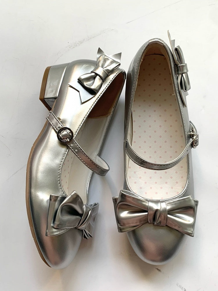 Silver Bowknot Lolita Shoes with Buckle Strap - Unmissable Berry