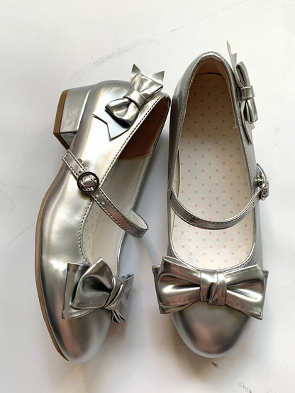 Silver Bowknot Lolita Shoes with Buckle Strap - Unmissable Berry