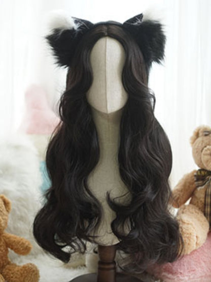 Schwarze, hüftlange, gewellte Perücke mit Vorhangpony