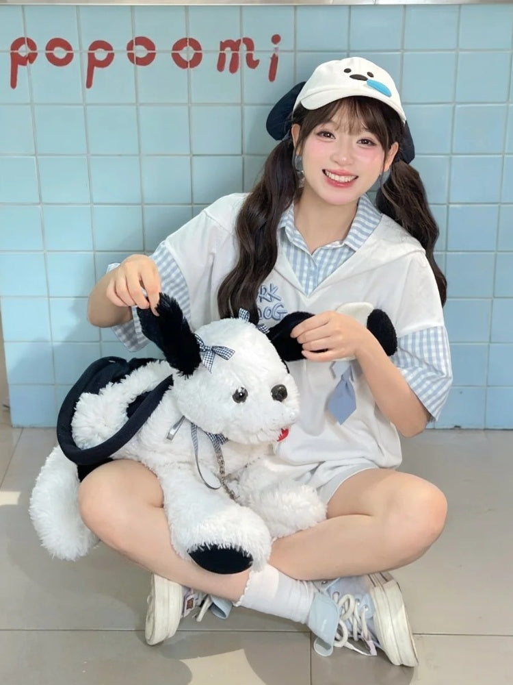 子犬の耳のデザインフード柄の2ピースホワイト＆子犬フェイクTシャツブルーチェック柄