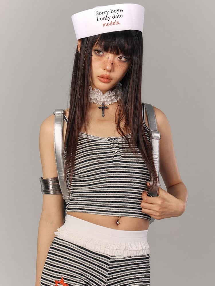 Slip Crop White Black Striped with Button-Front Top