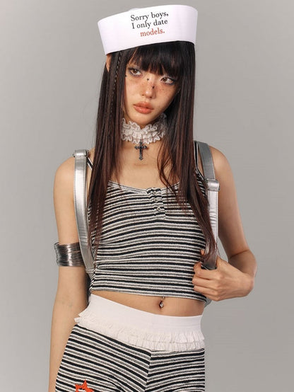 Slip Crop White Black Striped with Button-Front Top