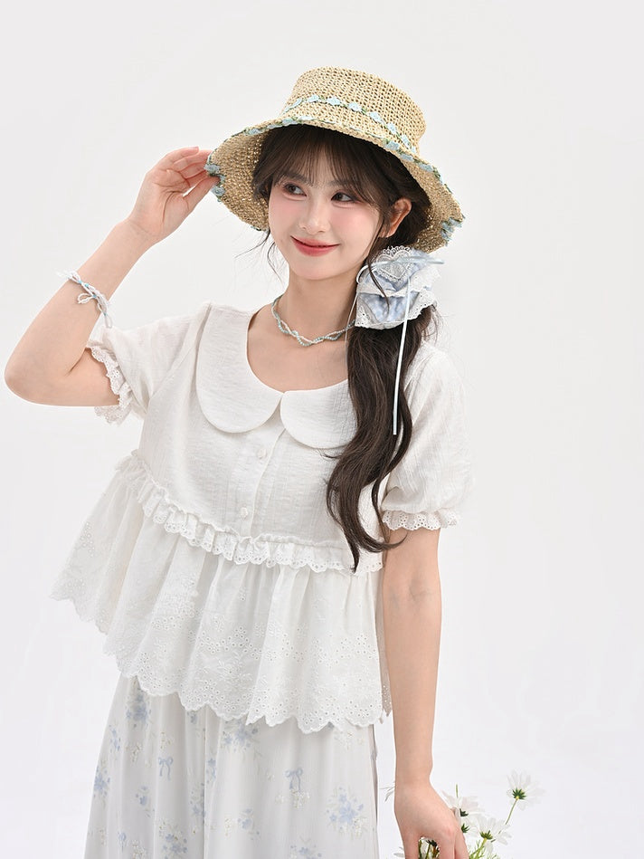 レーストリムブラウス ホワイト ピーターパンカラー パフスリーブ