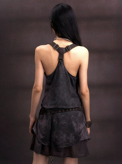 Adjustable Neck with Dress Print Belt Floral Black PU Cowl Layered