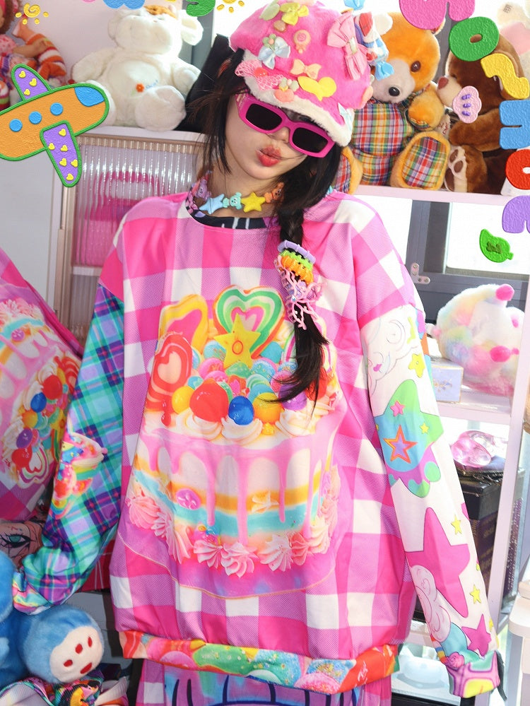 Y2K Pattern Plaid Cake Colorful Print Sweatshirt