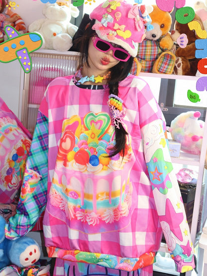 Y2K Pattern Plaid Cake Colorful Print Sweatshirt