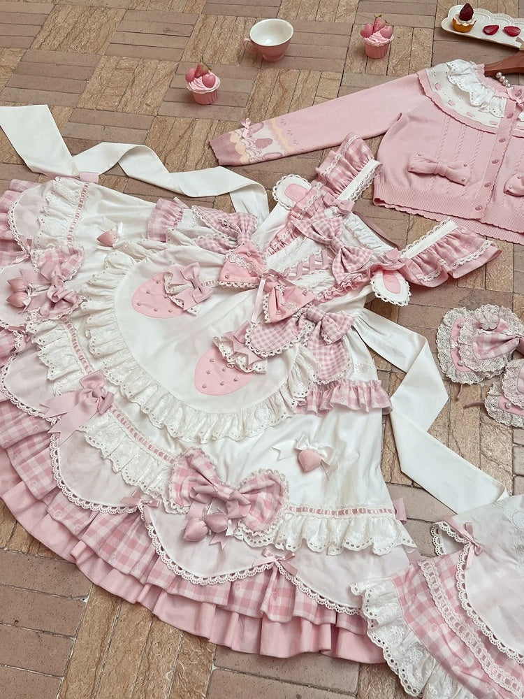 Details Sweet White with Pink Lolita Flutter Bow Dress Gingham Sleeves