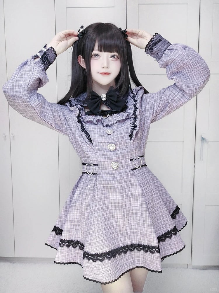 Style Lavender Set Dress Collar - Landmine Plaid Matching Puff Sleeve with Shorts Detachable Tweed