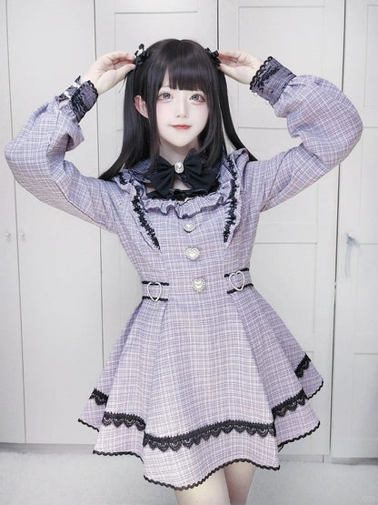 Style Lavender Set Dress Collar - Landmine Plaid Matching Puff Sleeve with Shorts Detachable Tweed