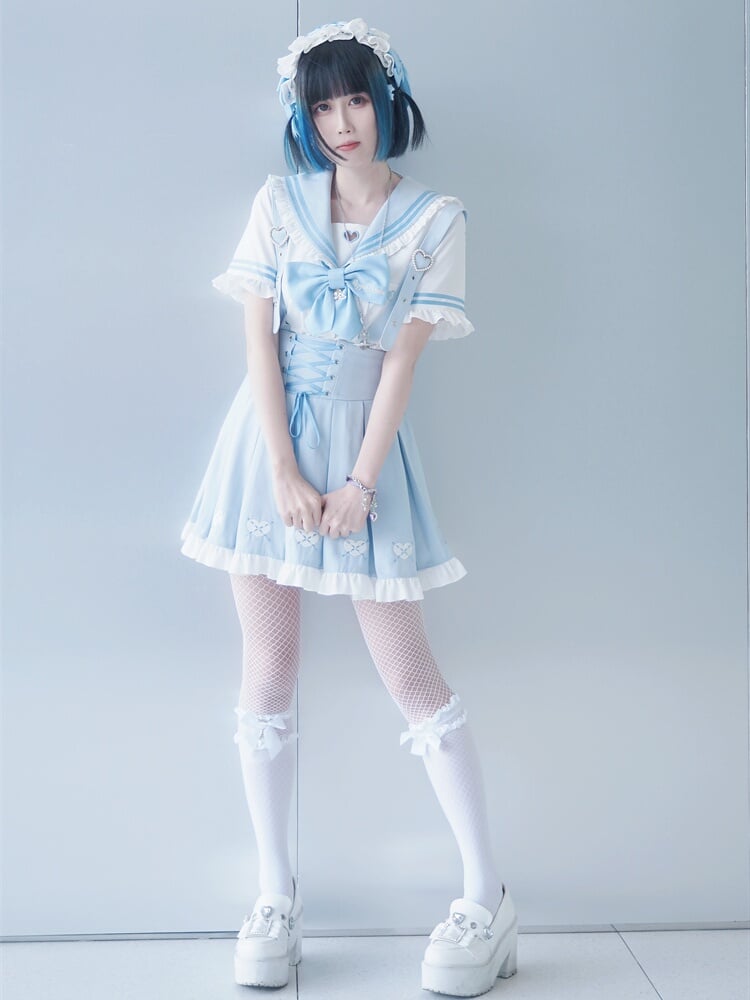 Cutout Bluse Blau Bowknot Weiß Matrosenkragen Herzförmiges Licht