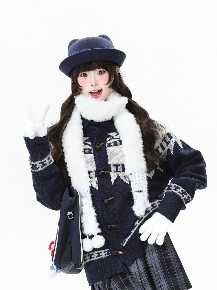 Daily Navy Jacquard with Blue/Grey Cardigan Pattern Closure Toggle Kawaii Button