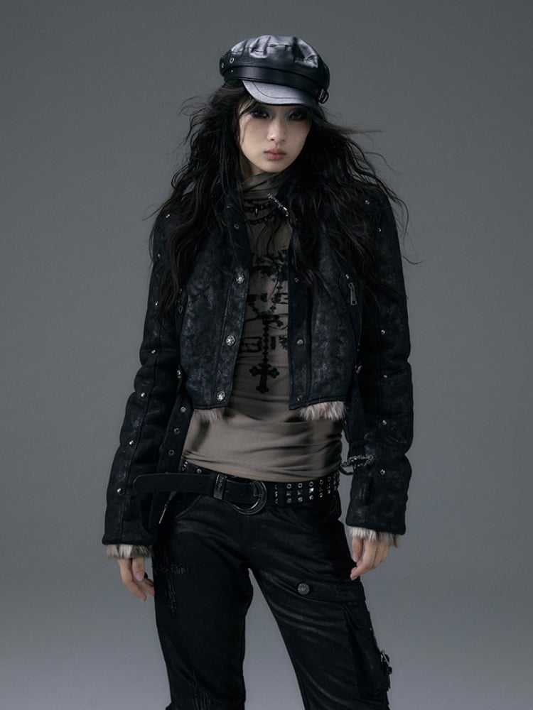 バックル＆スタッズ ブラック リバーシブル レオパード シャギー ジャケット