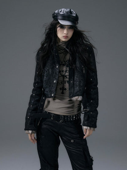 バックル＆スタッズ ブラック リバーシブル レオパード シャギー ジャケット