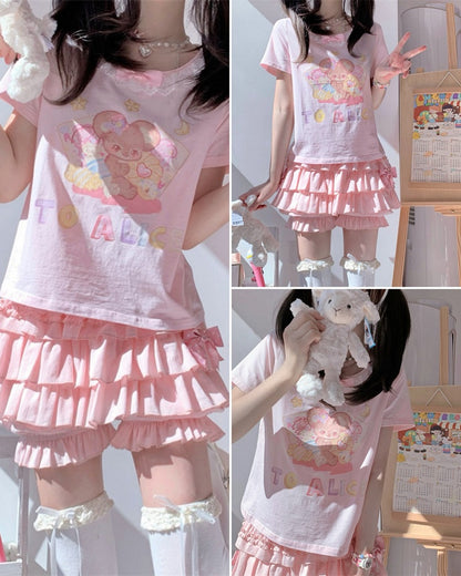 ショートバージョン 愛らしいマウスプリント ホワイト/ピンク レーストリム Tシャツ