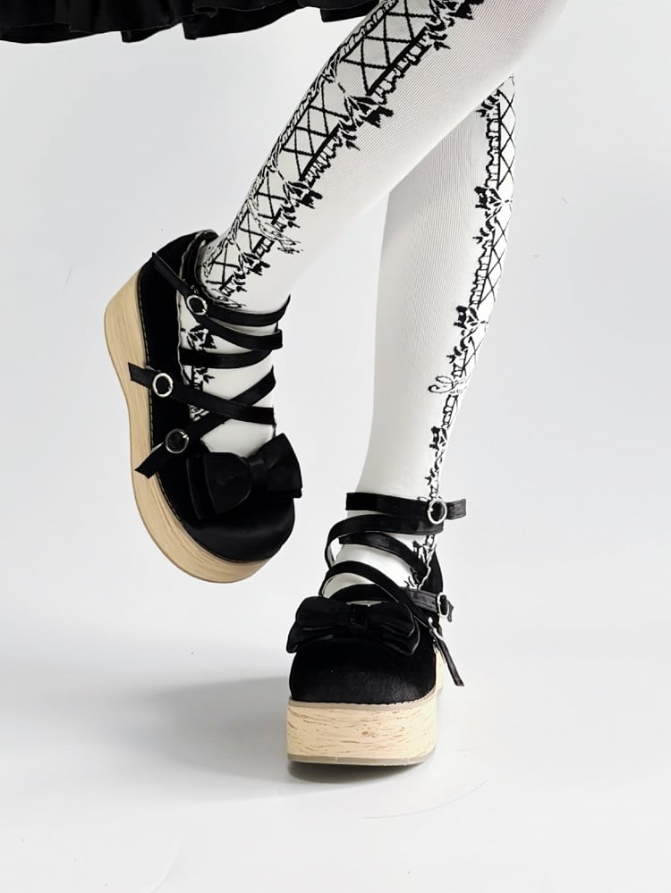 Design Sweet Crisscross Platform Embellishments Shoes in Black Bow Lolita Velvet