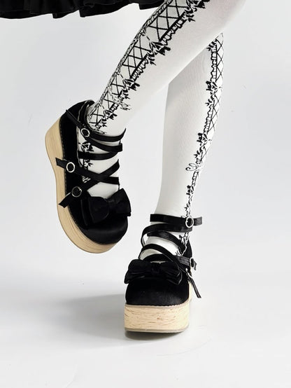 Design Sweet Crisscross Platform Embellishments Shoes in Black Bow Lolita Velvet