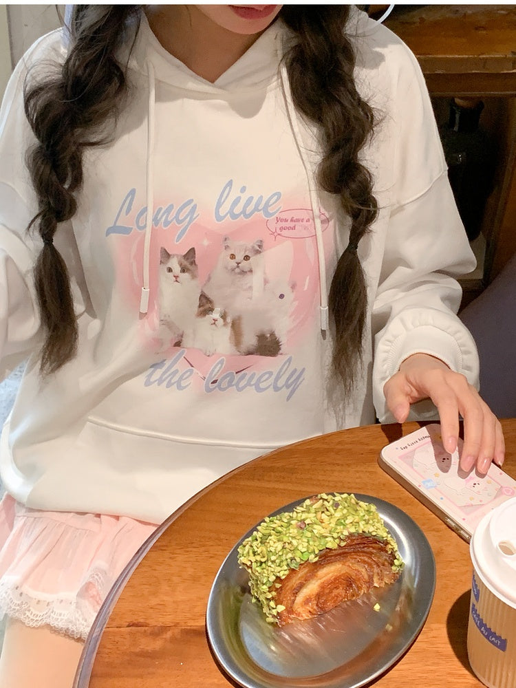 White Cat Print Loose Hoodie