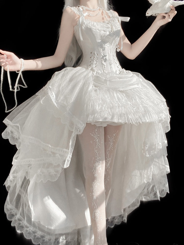 White Shiro Lolita Corset Top with High-Low Tulle Skirt - Caramelantike