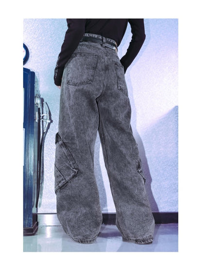 Gray Vintage Pockets Distressed Asymmetrical Jeans Wide-Leg with