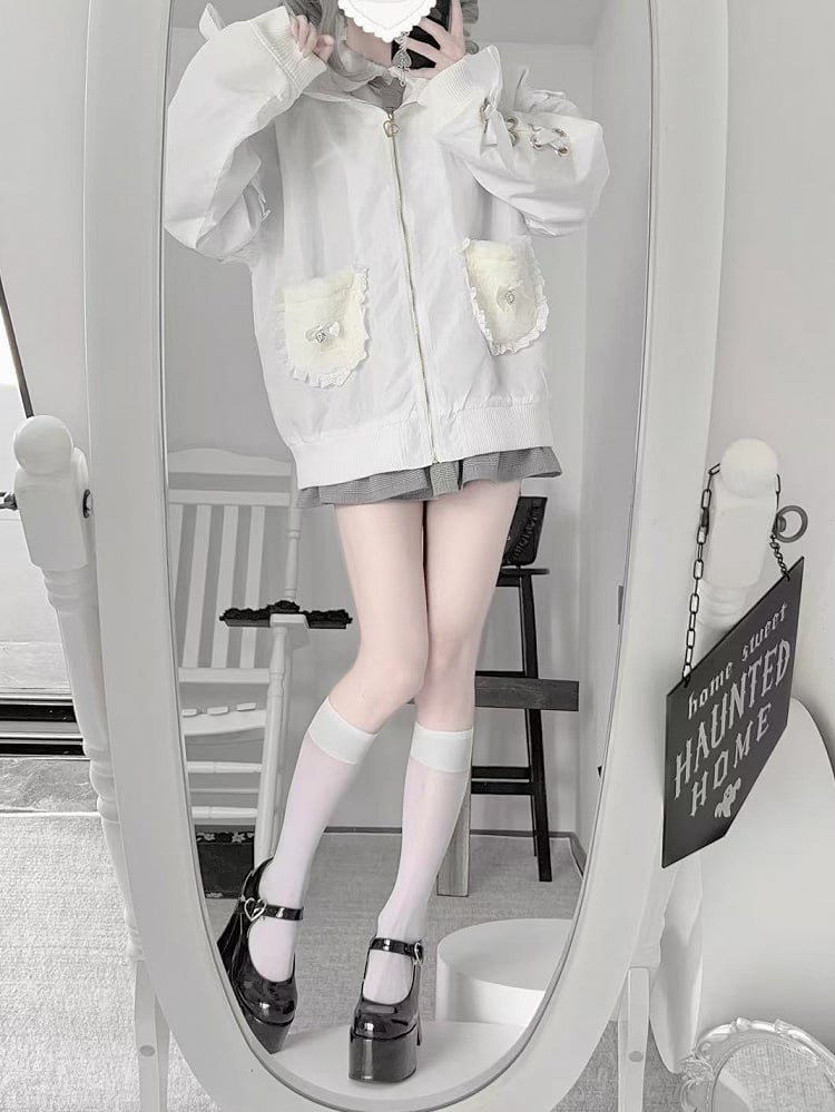White Jirai Kei Plush Bunny Ear Jacket with Sleeve Lace-Up Detail & Decorative Crossed Pins Back
