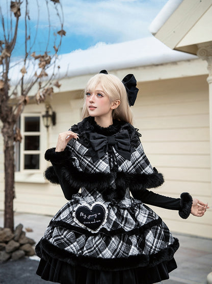 Cape Plaid Black Brooches Winter Lolita Warmers White Set - JSK Leg Reversible +