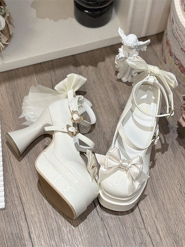 with Platform Heels Accents Bow Sweet Lolita Round-Toe High White