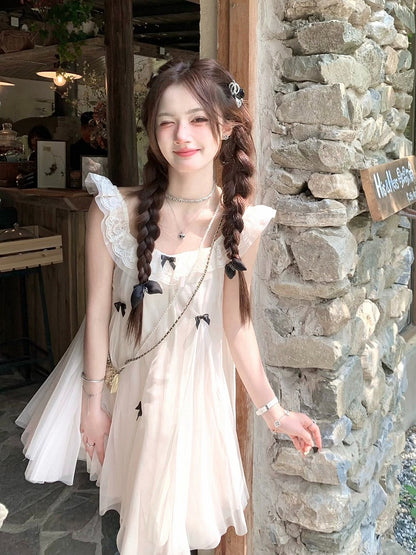 Sweet Apricot Dress with Bow and Lace Trim - Qchiwawameme