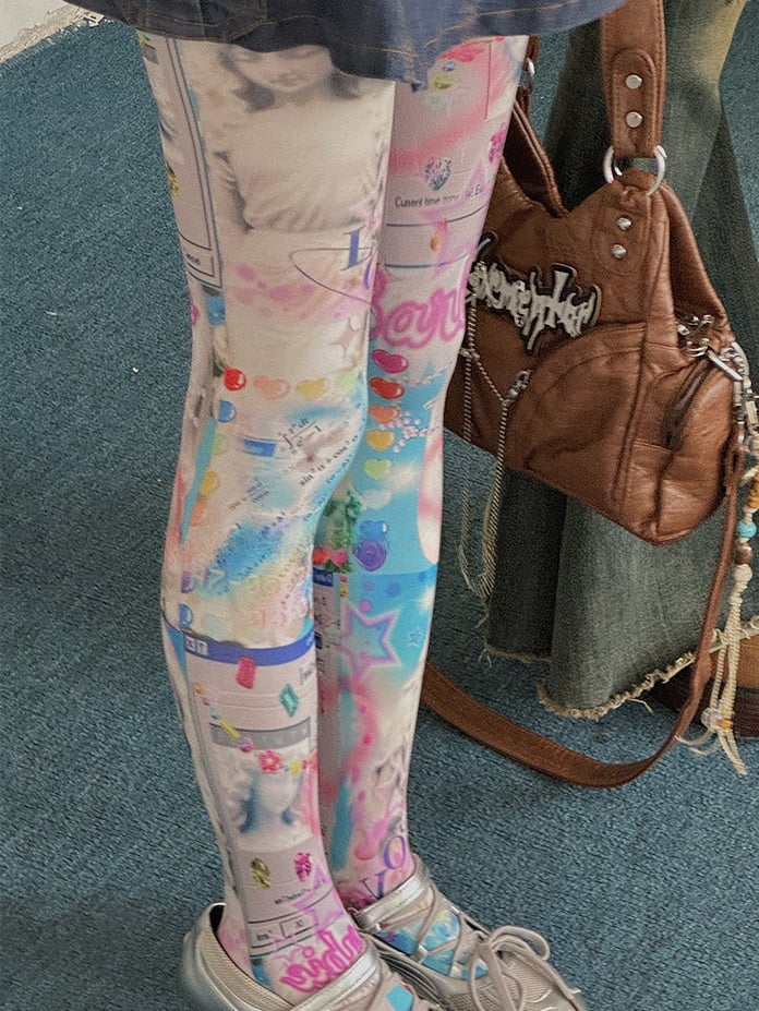 ホワイト Y2K バービー プリント タイツ