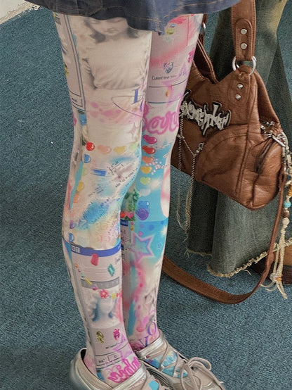 ホワイト Y2K バービー プリント タイツ
