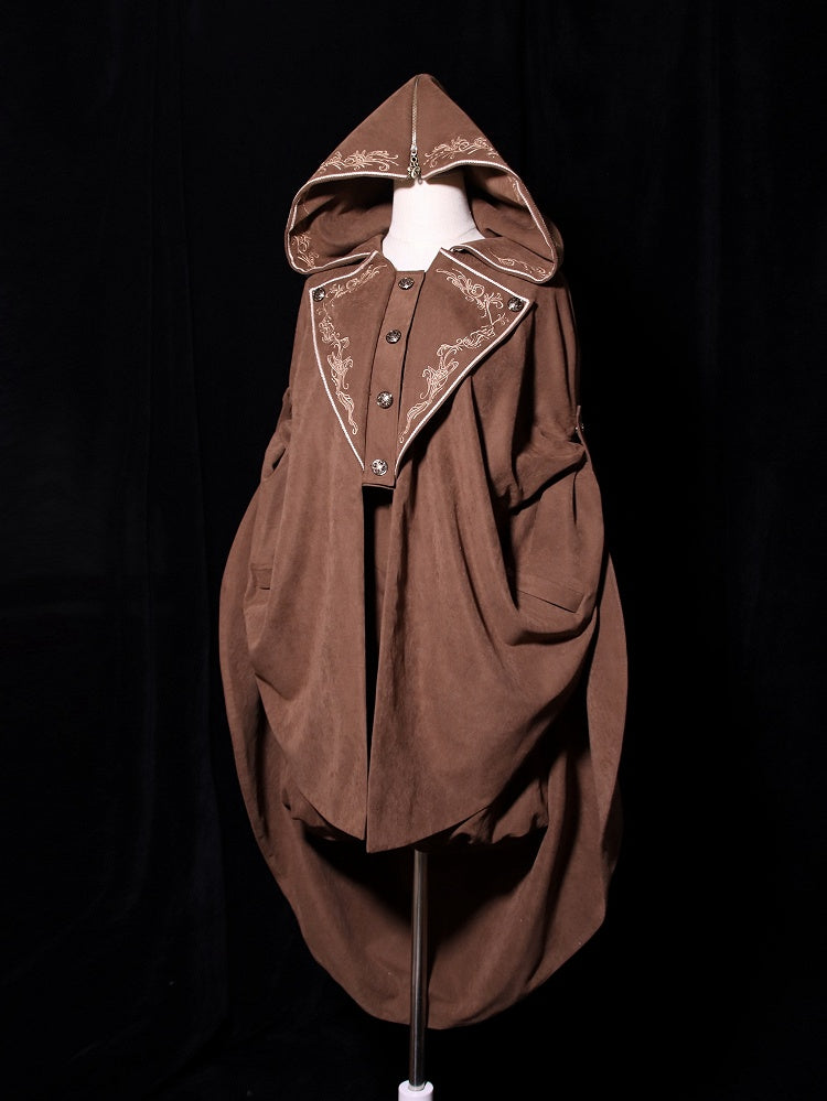 Embroidery Cloak Lolita Zip Coffee Detail Hood Ouji