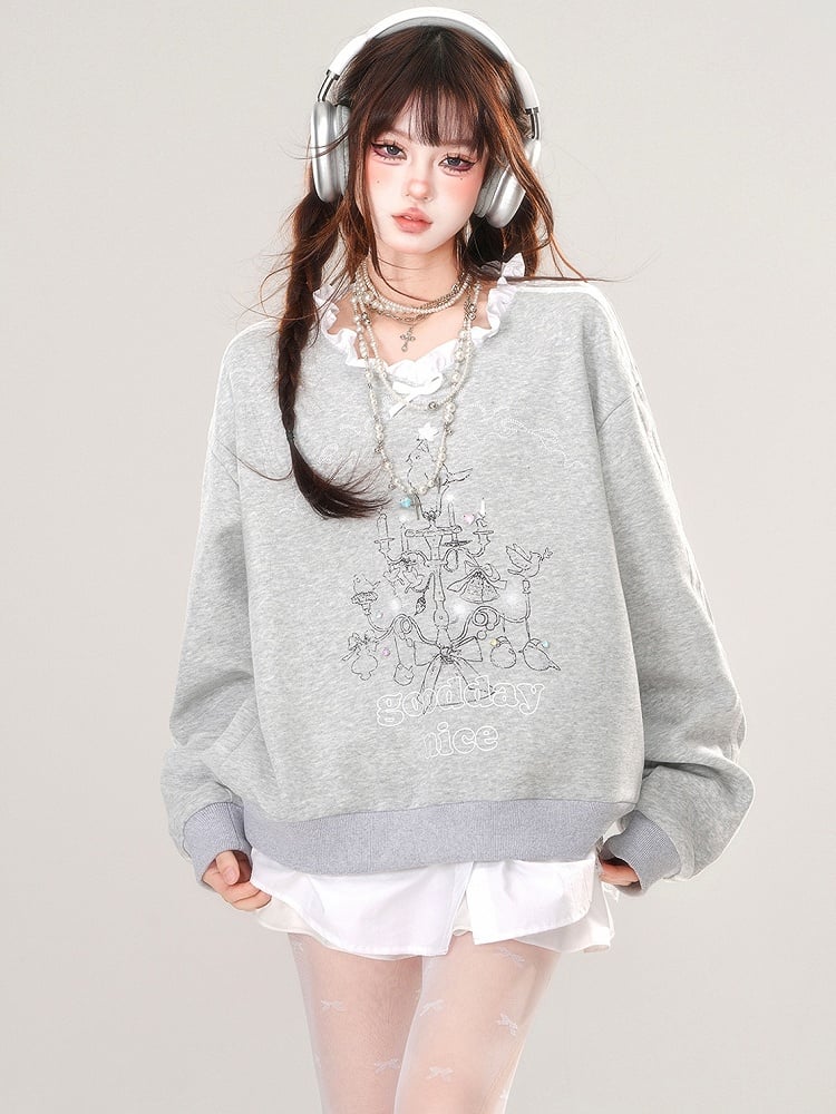 Grey/Blue Lampstand Print Ruffle Trim V-neck Sweatshirt