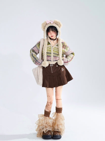 mit Cardigan Mohair Verschluss Vintage Gestreift Reißverschluss High Neck Crop Grün