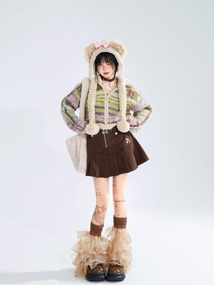 High Neck Cardigan Striped Green Closure Mohair Zip Crop Vintage with