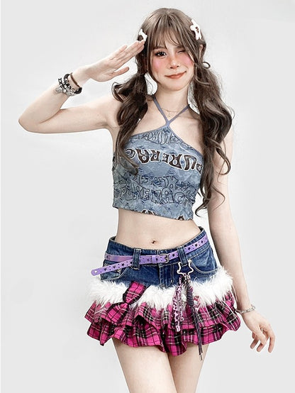 プリントホルターネックトップレターかわいいビタースイートブルーグラマラス